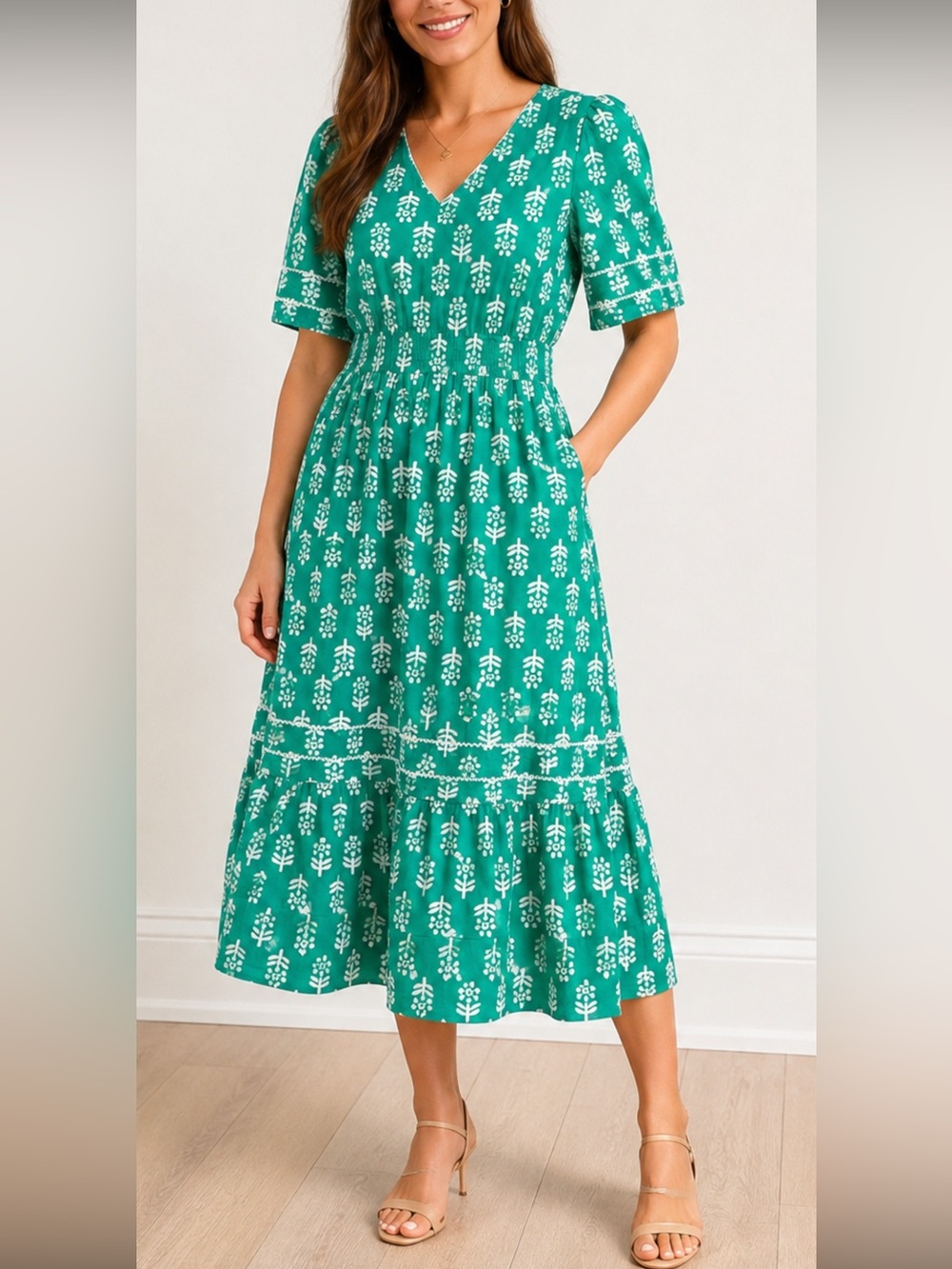 J. Crew White Floral Print Green Tiered V-Neck Dress
